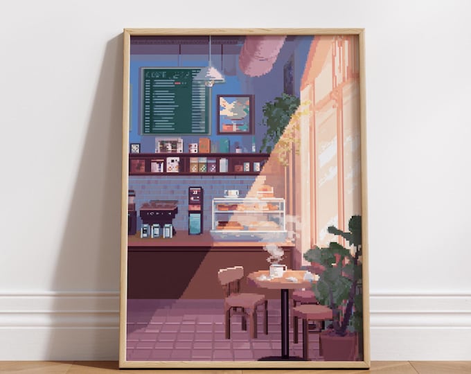 Cozy Cafe Pixel Art Print, Retro Coffee Shop Wall Decor, 8-Bit Interior Poster