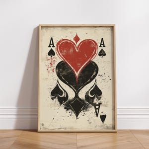 Vintage speelkaartkunstdownload, bohokamerdecoratie, muurkunst voor gamers, hartenaas poster, uniek cadeau voor hem/haar, esthetische kunst.
