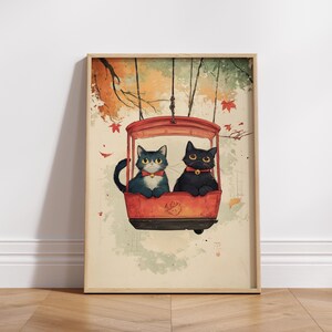 Charming Cat Swing Wall Art Poster, Cozy Home Decor, Perfect Gift for Cat Lovers, Cute Animal Vintage Print, Autumn Vibes, Whimsical Decor