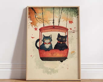 Whimsical Black Cat Illustration Print, Whimsical Animal Art (Matte Poster)