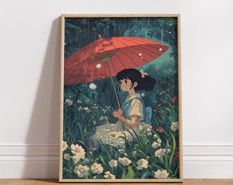 Mattes Anime-Wandbild: Buntes Mädchen mit rotem Regenschirm – Digitaler Download