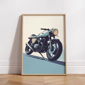 Cafe Racer Motorcycle Poster – Minimalist Vintage Bike Wall Art, Retro Honda Style Print, Cool Toned Garage Decor for Biker Enthusiasts