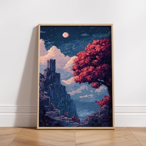 8 bit Pixel Art Landscape Poster, Matte Vertical Wall Art, Home Decor, Vintage Art Print, Gift for Art Lovers, Cozy Aesthetic Decorations