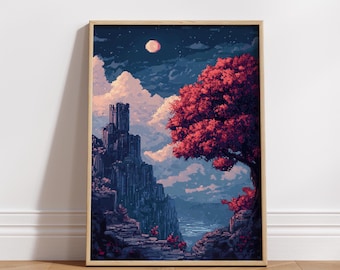 Cozy 8-Bit Pixel Landscape Art Print | Retro Matte Wall Poster | Aesthetic Room Decor | Gamer & Home Gift