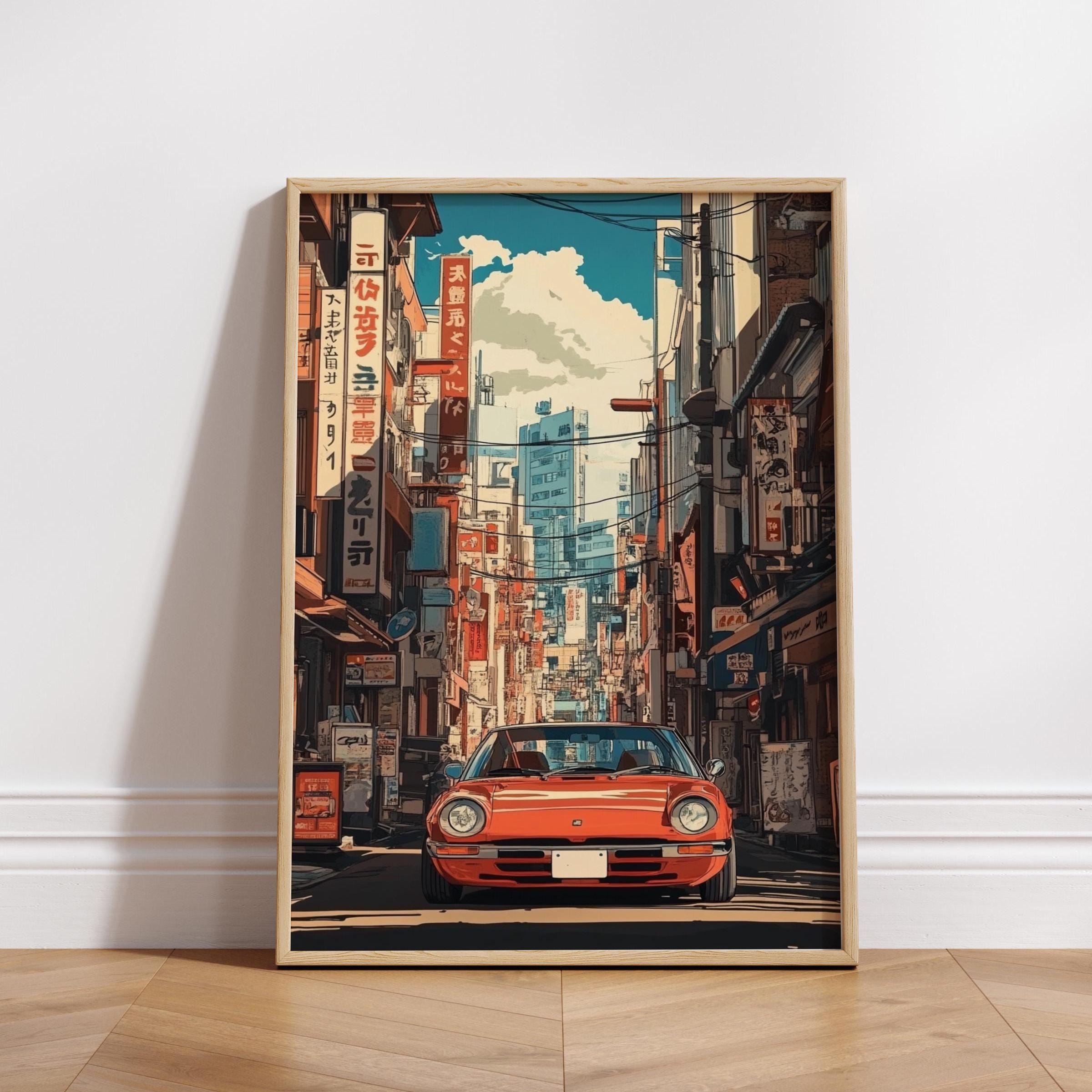 Retro Car in Tokyo Street Poster – Japanese Cityscape Wall Art, Classic Auto Print, Urban Anime Decor, JDM Inspired Gift for Him