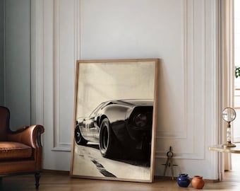 Póster de coche de carreras vintage, arte mural de coche deportivo clásico, póster de coche en blanco y negro, decoración mural de coche retro, lámina artística de muscle car