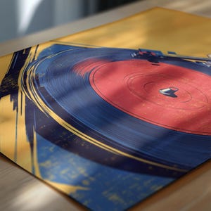May include: A rectangular art print featuring a stylized illustration of a vinyl record player. The design showcases a vibrant red record on a dark blue platter, set against a bold yellow background with abstract brushstroke details.
