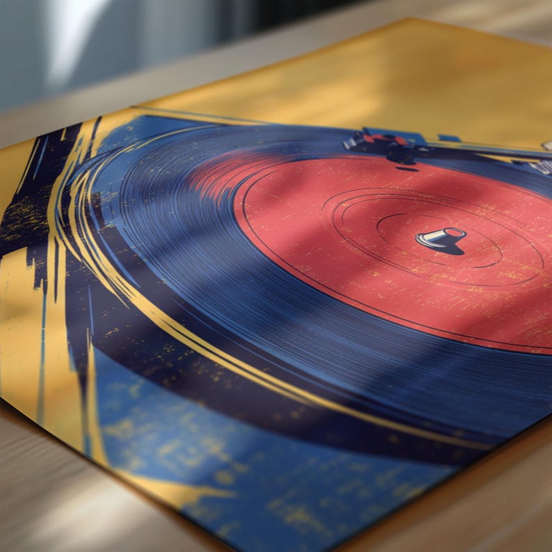 May include: A rectangular art print featuring a stylized illustration of a vinyl record player. The design showcases a vibrant red record on a dark blue platter, set against a bold yellow background with abstract brushstroke details.