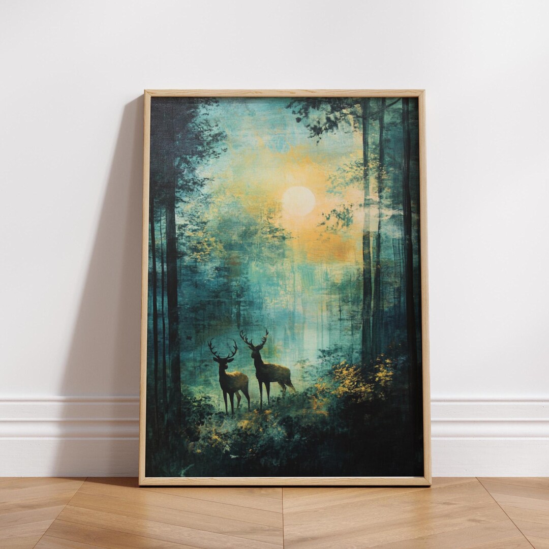 Forest Deer Wall Art, Misty Forest Landscape Print, Deer Woodland ...