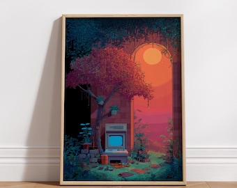 Retro Computer Pixel Art Poster, Vaporwave Landscape Wall Art, Retro Gaming Room Decor, 8 Bit Sunset Poster, Nostalgic Tech Wall Art