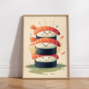 Póster mate de sushi apilado, decoración kawaii, arte de pared para cocina, regalo para amantes del sushi, decoración del hogar, arte divertido para el comedor, ambiente acogedor, arte lindo