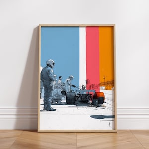 Vintage F1 Pit Stop Poster | Retro Motorsport Wall Art | Formula 1 Racing Illustration Print | 1970s Racecar Drawing | Car Garage Decor