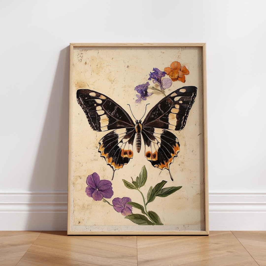 Botanical Butterfly Print – Vintage Insect, Rustic Cottagecore Wall Art ...