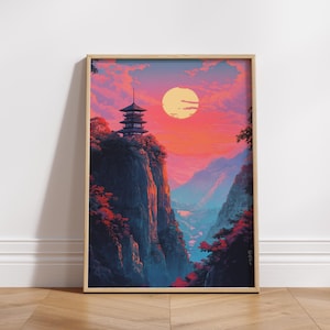 Póster de paisaje sereno: arte mural de inspiración asiática, decoración del hogar, regalo para amantes de la naturaleza, estética de meditación, atardecer colorido