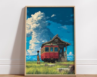 Japanese Train Station Pixel Art Print, Ghibli Style Coastal Landscape Poster