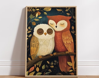 Lámina decorativa de búhos para pared: Diseño de pareja original - Descarga digital