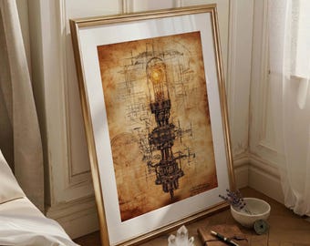 Vintage Patent Art Light Bulb Poster, Steampunk Invention Wall Art, Antique Blueprint Print, Dark Academia Decor