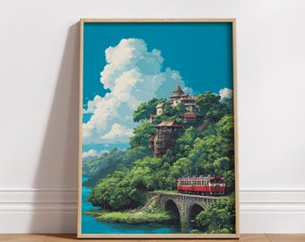 Hillside Village Train Pixel Art Poster, Anime Style Landscape Wall Art, Retro Scenic Print