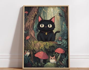 Whimsical Cat in Forest Poster – Studio Ghibli Inspired Animal Wall Art, Cute Black Cat Print, Cottagecore Mushroom Decor