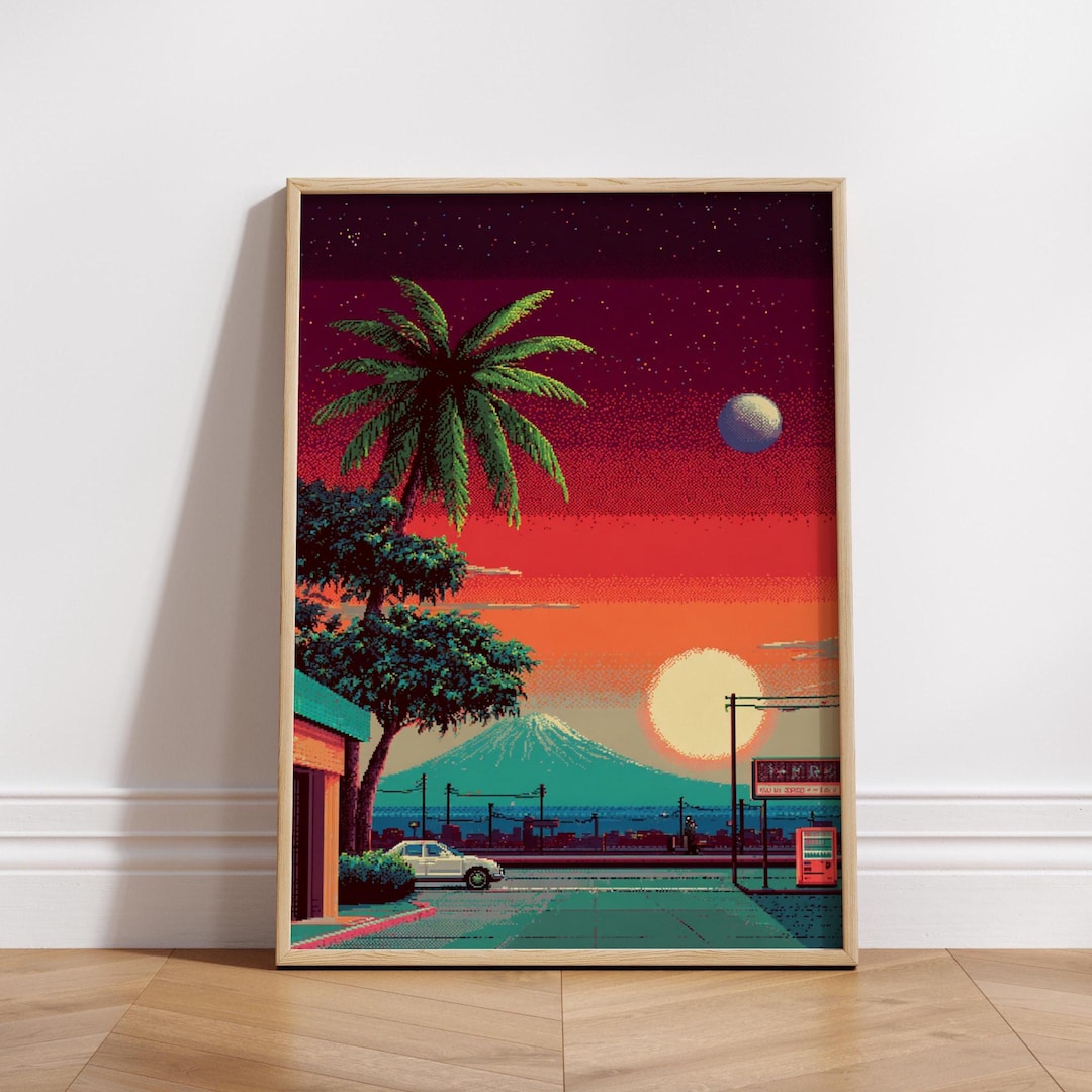 8 Bit Vaporwave City Poster | Retro Pixel Art Print of Neon Sunset With ...