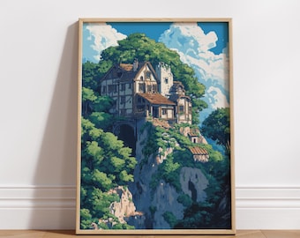 Pixel Art Cliffside House Poster, Fantasy House Wall Art, 8 Bit Landscape Poster, Retro Game Landscape Print, Pixel Art Wall Decor