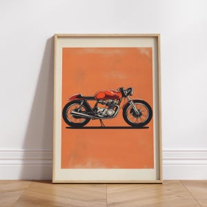 Cafe Racer Motorcycle Art – Retro Bike Wall Poster, Minimalist Orange Background Print, Vintage Moto Decor for Biker Garage or Man Cave