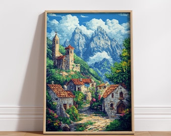 Retro Gaming Wall Art, 8-Bit Medieval Village (Digital Download)