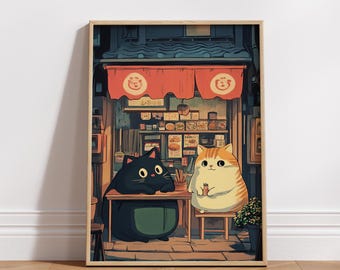 Cute Ramen Cat Poster, Japanese Cat Wall Art, Kawaii Cat Print, Japan Food Poster, Cute Kitchen Wall Art