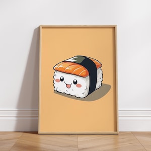 Impresión artística de sushi kawaii / Decoración de comida caprichosa / Póster mate para cocina / Regalo para amantes de la comida / Descarga digital / Decoración de habitaciones