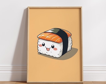 Kawaii Sushi Art Print | Whimsical Food Decor | Matte Poster for Kitchen | Gift for Food Lovers | Digital Download | Room Decor|