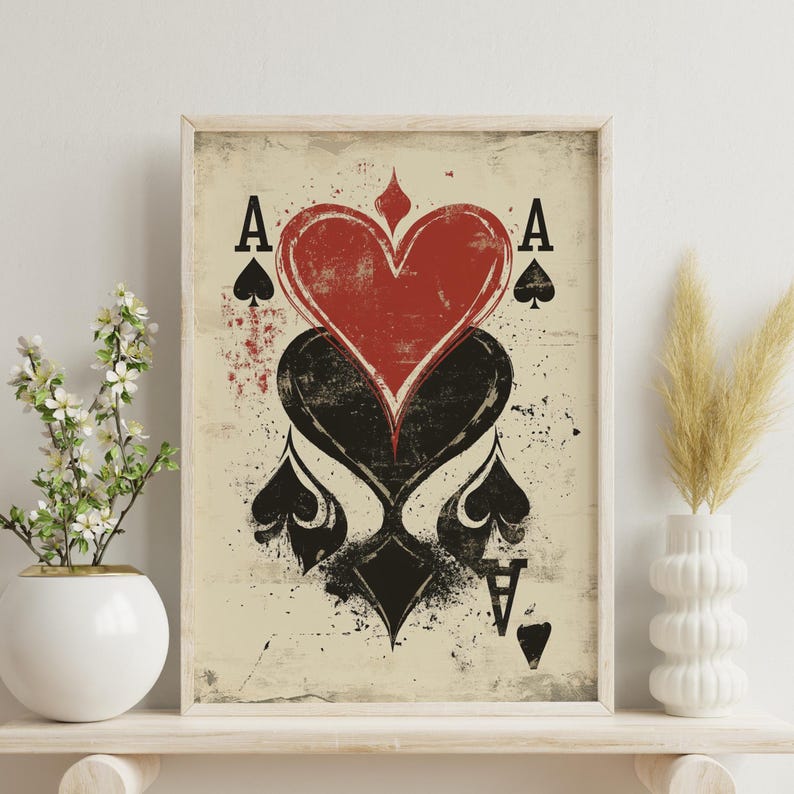 Grunge Playing Card Wall Art – Ace of Spades and Hearts Poster – Vintage Poker Print for Game Room, Bar, or Man Cave Decor image 4