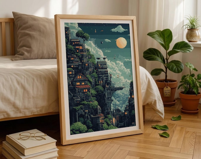 Pixel Art Floating City Poster, Retro 8 Bit Wall Art, Fantasy Sky City Print, Cyberpunk Landscape Poster, Gaming Room Wall Decor