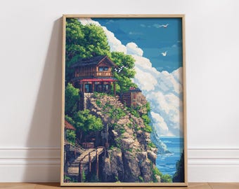 Serene 8-Bit Pixel Art Landscape Poster in Warm Tones | Retro Matte Gaming Home Decor Art | Aesthetic Room Decor | Retro Pixel Print | Pixel