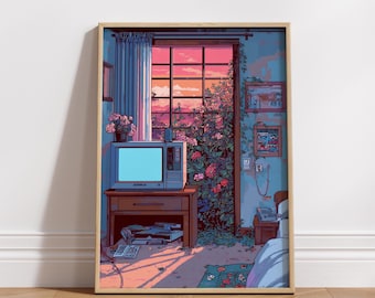 Pixel Art Print: Gemütliche Retro Raum Szene - Digital Download