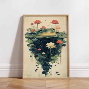 Póster mate de rana y loto caprichoso / Arte mural botánico / Decoración natural / Regalo para amantes de las ranas / Descarga digital / Estética acogedora