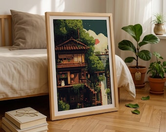 Póster de casa japonesa en pixel art, impresión de paisaje retro de 8 bits, decoración para habitación de gamer.