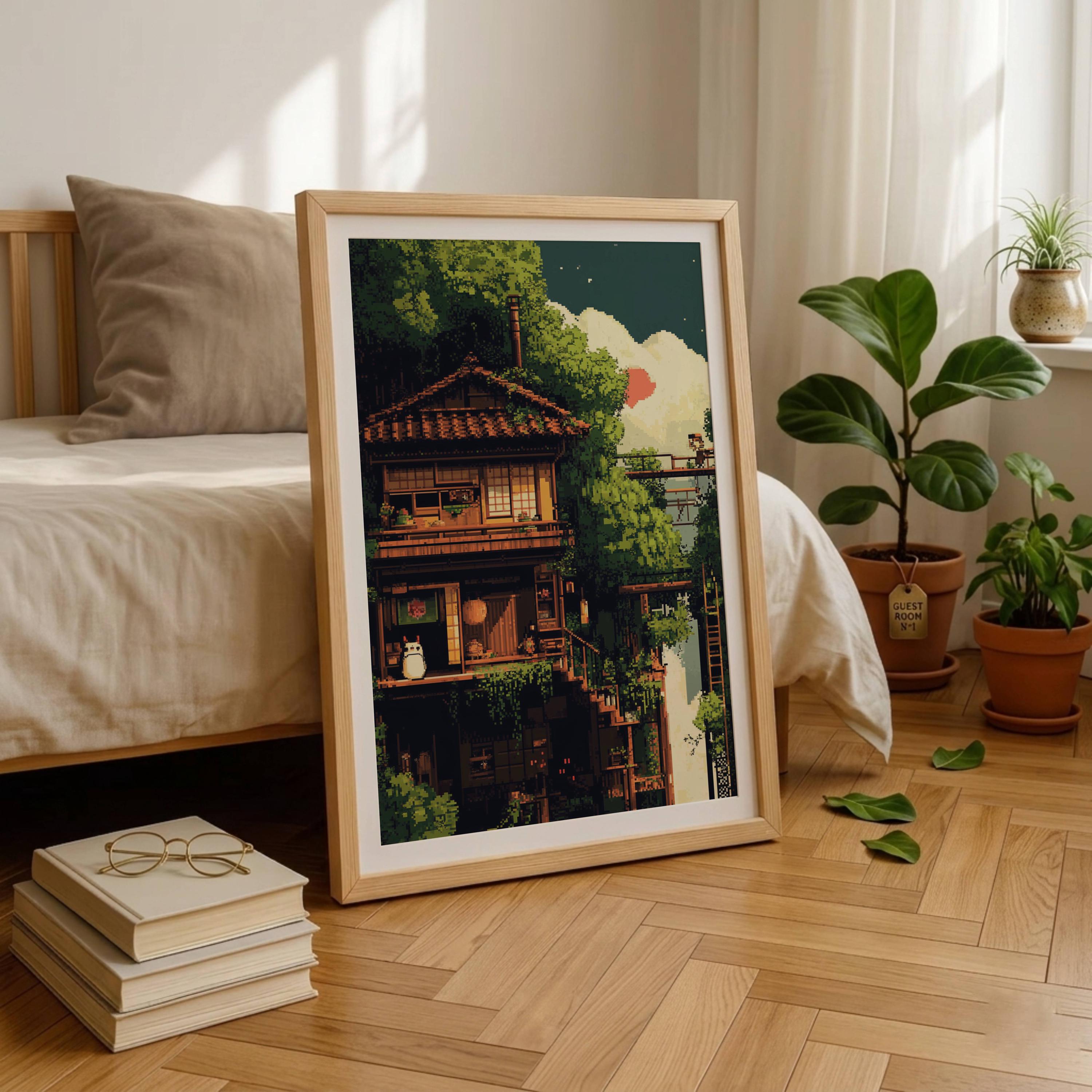 Pixel Art Japanese House Poster, 8 Bit Retro Landscape Print