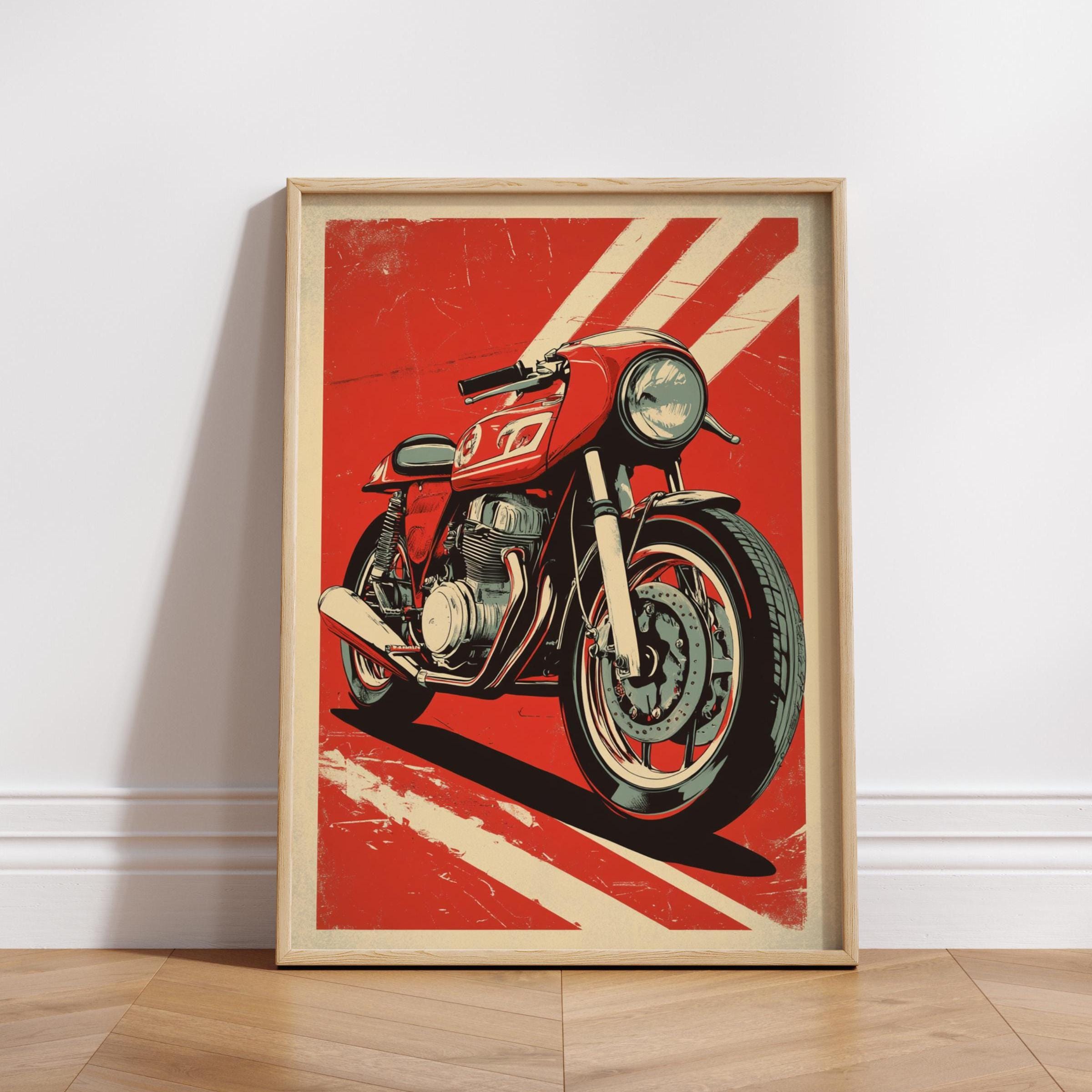 Red Cafe Racer Poster – Retro Motorcycle Wall Art, Bold Biker