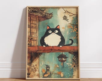 Whimsical Cat Art Print, Cute Cat Wall Art, Japanese Style Cat Poster, Cute Animal Illustration, Cat Lover Gift Wall Decor
