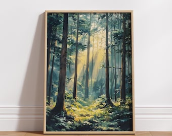 May include: A rectangular wall art print in a light wood frame featuring a forest scene with tall dark tree trunks, lush green undergrowth, and bright golden sunlight filtering through the canopy in vertical beams of light.
