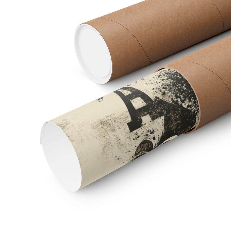 May include: A rolled up poster with a black and white graphic design of a bridge. The poster is in a brown cardboard tube.