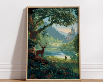 8-Bit Fantasy Castle Print - Pixel Art Deer Landscape Digital Download