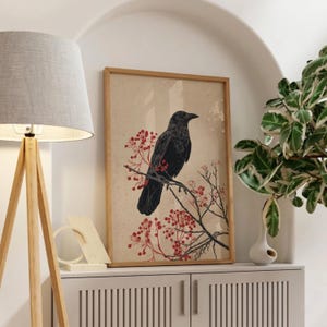 Crow and Red Berries Folk Art Print | Moody Gothic Botanical Wall Art