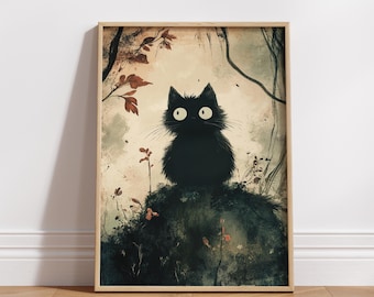 Whimsical Spooky Cat Poster Art, Matte Vertical Posters for Cat Lovers, Home Décor, Gift for Kids, Animal Wall Art, Nursery Decoration