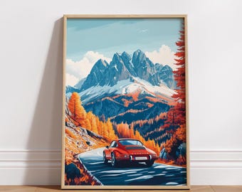 Alpine Adventure Vintage Car Poster, Retro Travel Art (Digital Download)