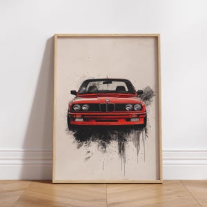 Retro German Car Poster – Minimalist Car Wall Art, Red Sports Coupe Print, Vintage Automotive Decor, Bold Garage Art, Car Lover Gift