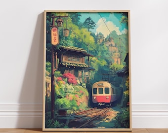 Anime Style Train Journey Matte Poster | Vintage Travel Decor, Nature Wall Art, Home Office Aesthetic, Gift for Train Lovers, Japanese Art
