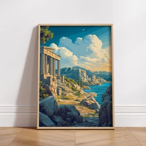 Antike griechische Landschaftsposter - Gelassene Landschaftskunst für Wohnkultur, Wandkunst, Geschenke für Naturliebhaber, Küstenkunst, griechische Geschichte.