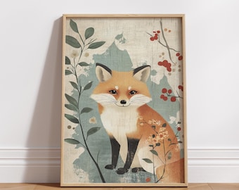 キツネのウォールアートプリント、森の動物ポスター、かわいいキツネのアート、子供部屋の動物プリント、森の動物の壁飾り