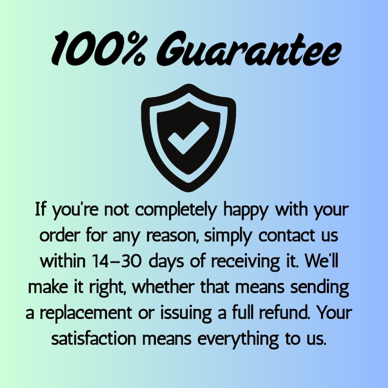 Peut inclure: Image avec le texte "100% Guarantee" au-dessus d'une ic&ocirc;ne de bouclier noir avec une coche. Le texte ci-dessous indique que la satisfaction est garantie avec un remboursement complet ou un remplacement dans les 14 &agrave; 30 jours.